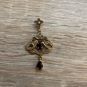 Vintage 9ct Solid Yellow Gold One of a Kind Garnet & Pearl Drop Lavalier Pendant